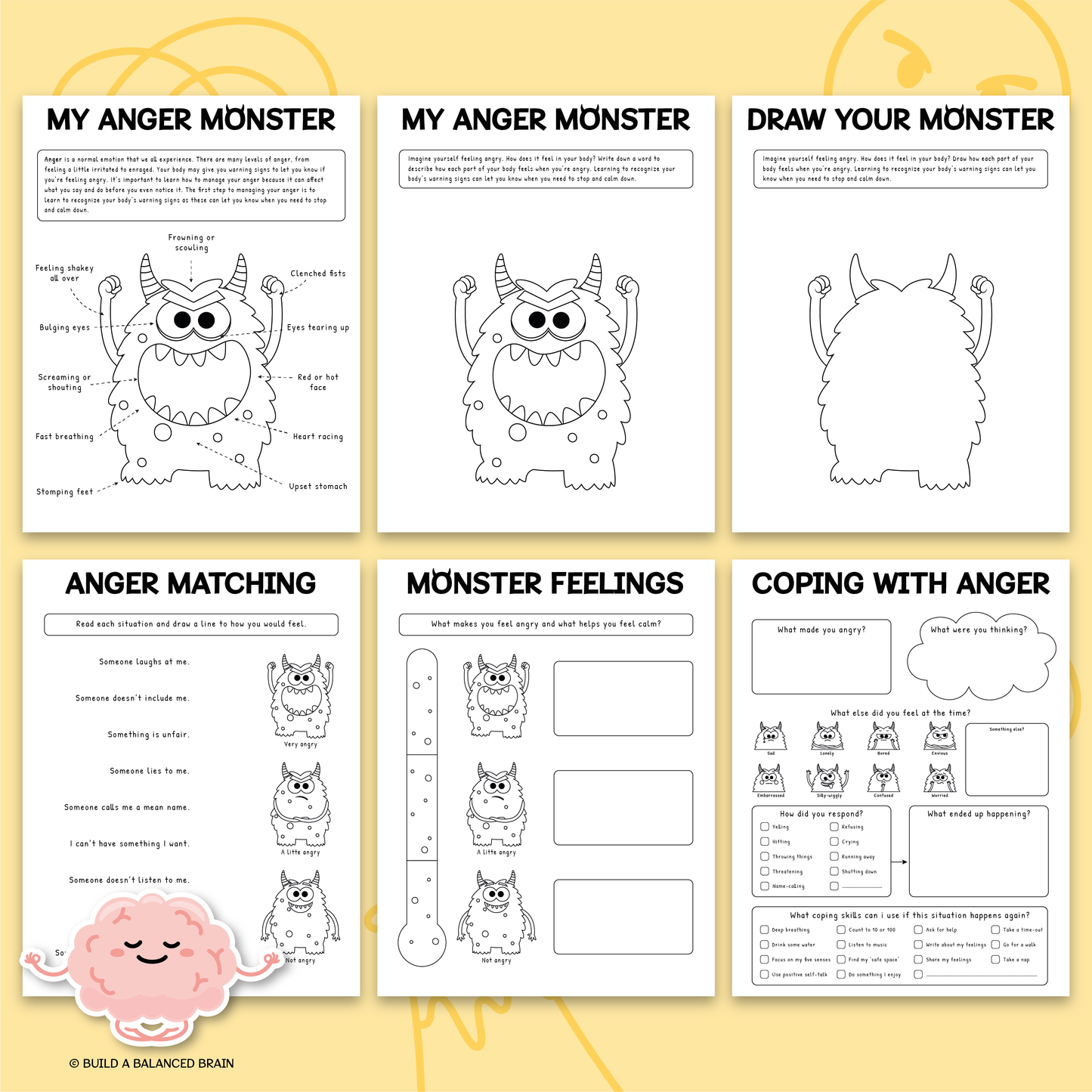My Anger Monster Worksheets (Black & White Version)
