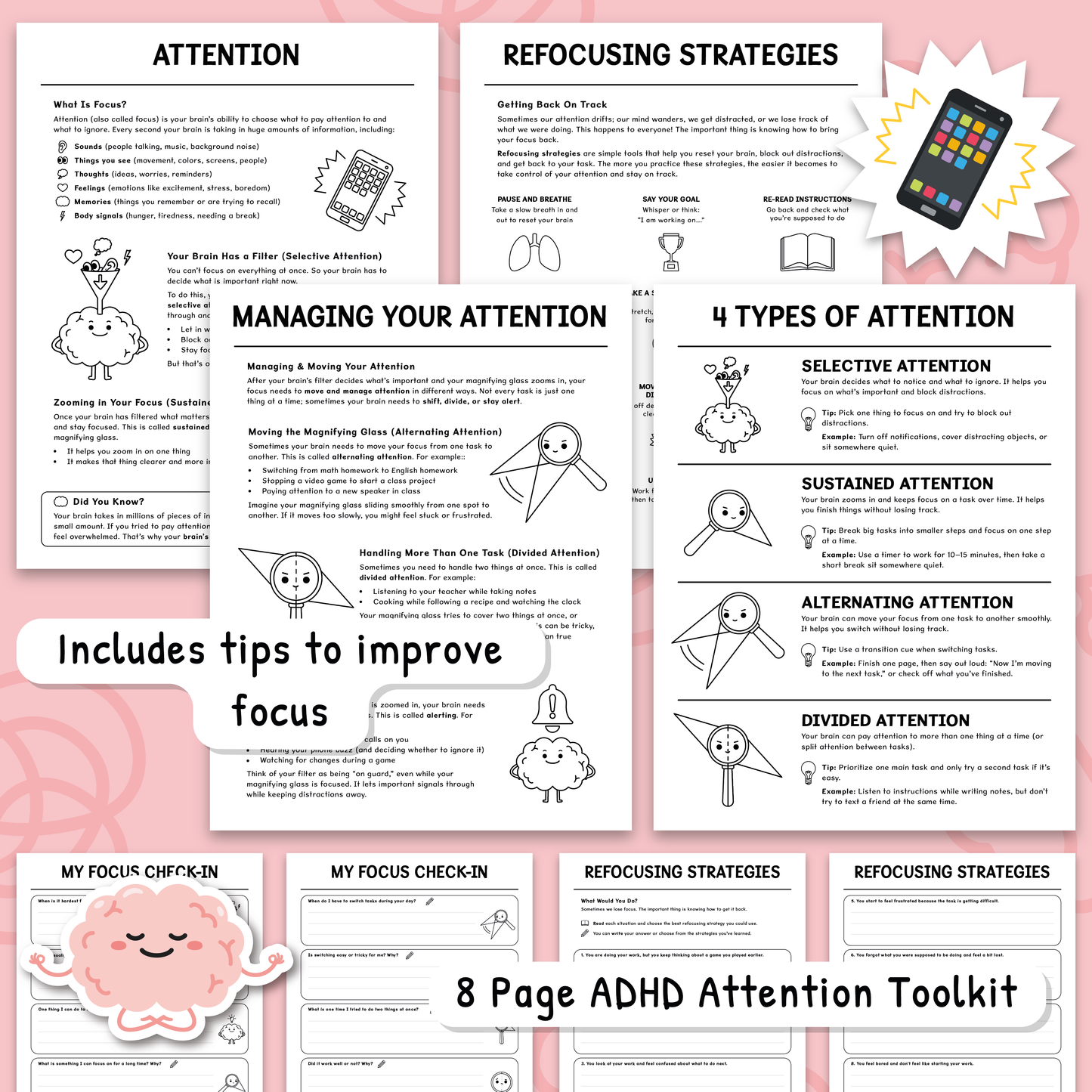 Attention Skills Worksheets & Posters for Kids | Executive Functioning Activities PDF (BW)