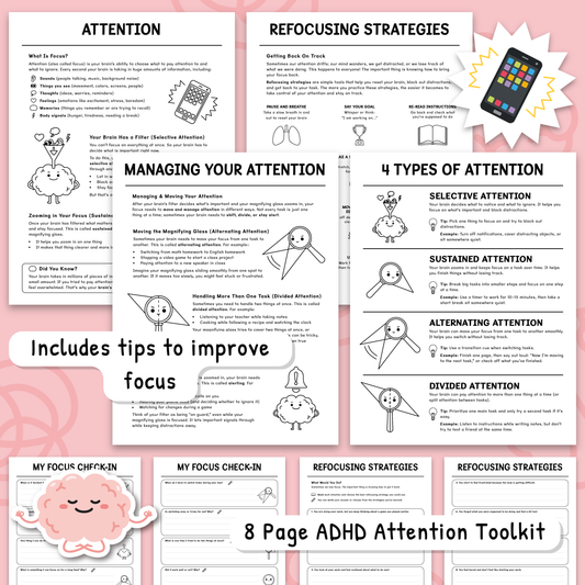 Attention Skills Worksheets & Posters for Kids | Executive Functioning Activities PDF (BW)