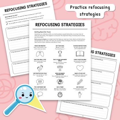 Attention Skills Worksheets & Posters for Kids | Executive Functioning Activities PDF (BW)