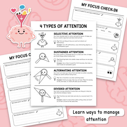 Attention Skills Worksheets & Posters for Kids | Executive Functioning Activities PDF (BW)