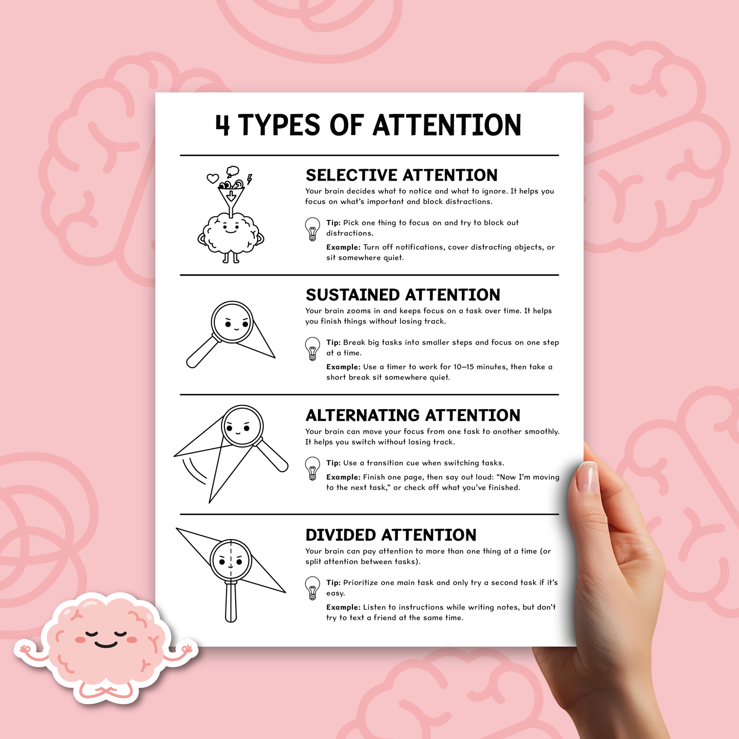 Attention Skills Worksheets & Posters for Kids | Executive Functioning Activities PDF (BW)