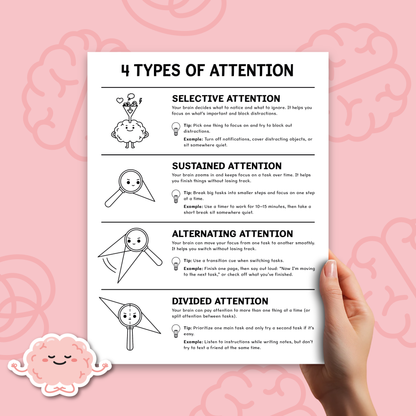 Attention Skills Worksheets & Posters for Kids | Executive Functioning Activities PDF (BW)