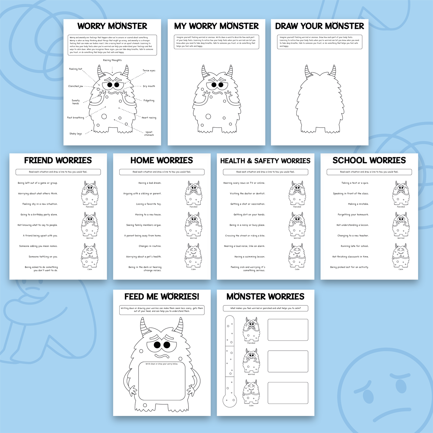 My Worry Monster Worksheets (Black & White Version)