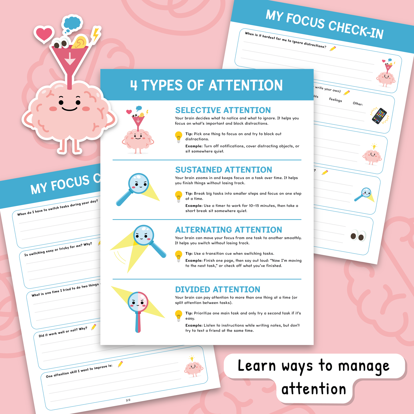 Attention Skills Worksheets & Posters for Kids | Executive Functioning Activities PDF