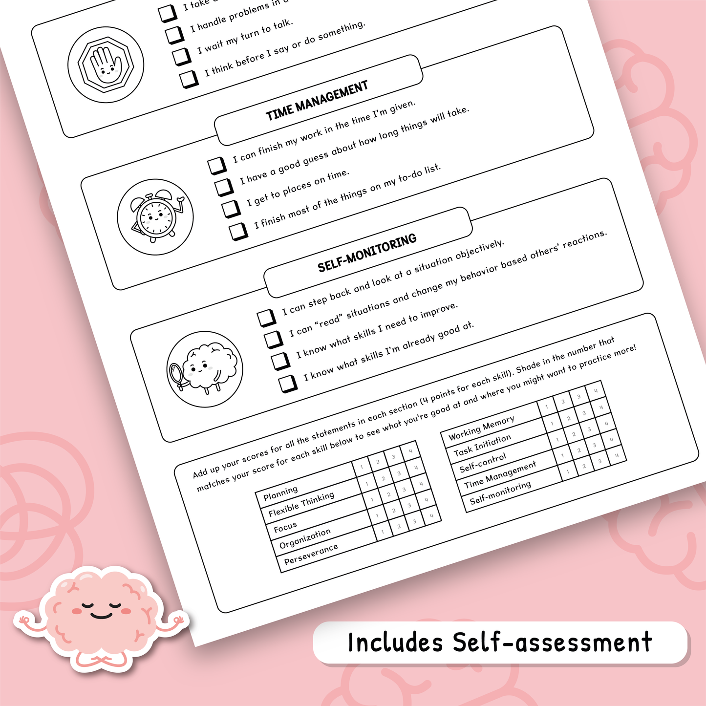 Executive Functioning Skills Cheat Sheet ADHD (Black & White Version)